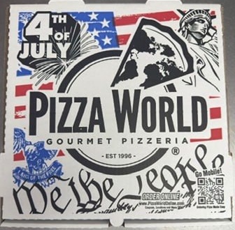 Front of the limited supply Pizza World summer pizza box celebrating America’s 250th birthday